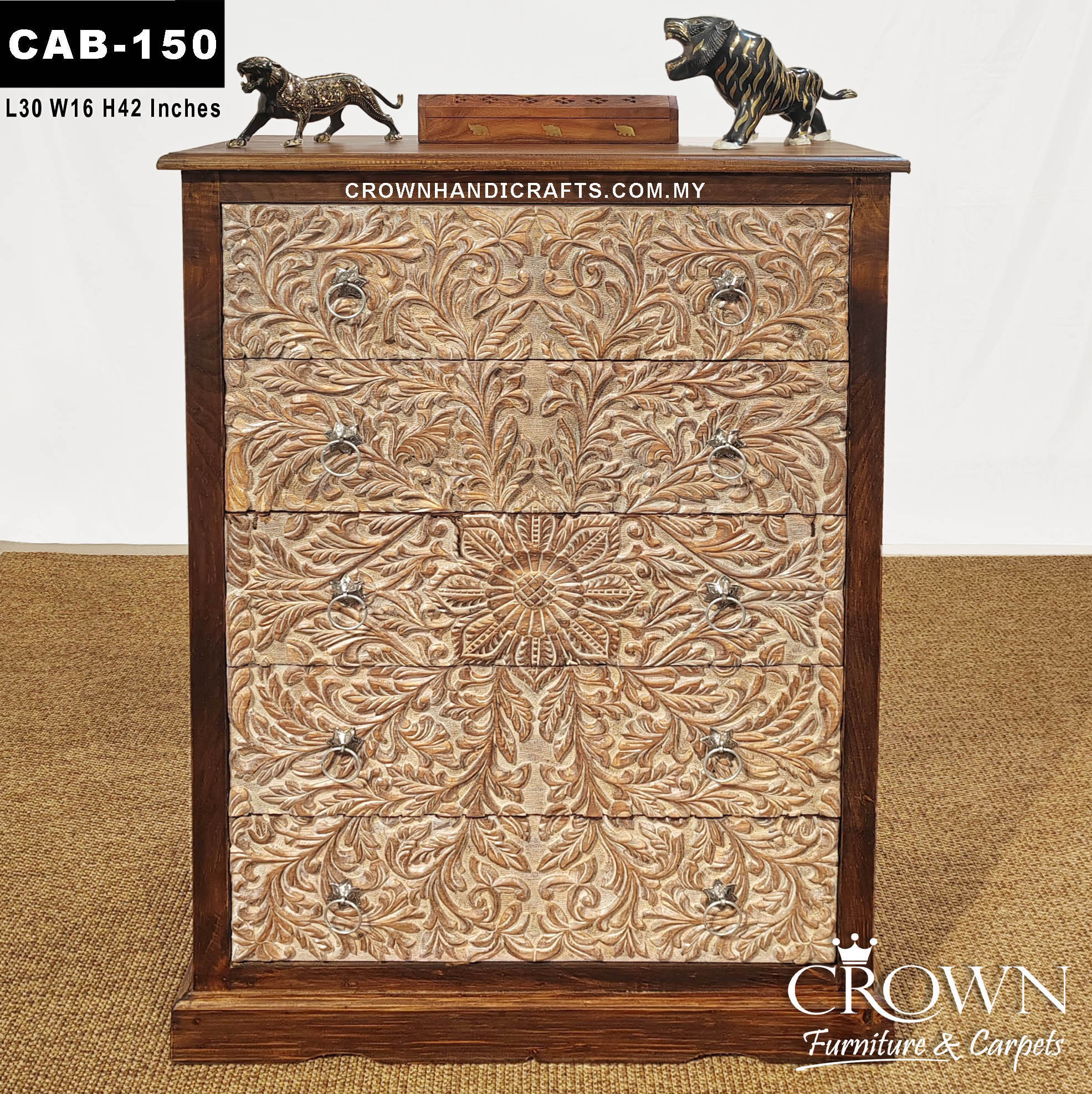 Classic Whitewash Solid Wood With 5-Drawers Chest with Artisan Handcrafted Detail | CAB-150 (L30 W16 H42 Inches)