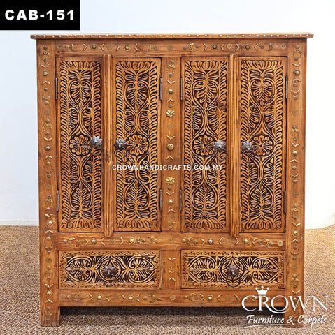 Vintage Inspired Solid Wood Cabinet | Handcrafted Teak Storage Cabinet with 2 Doors, 2 Drawers & Brass Accents | CAB 151 (L36 W17.5 H42 inches)