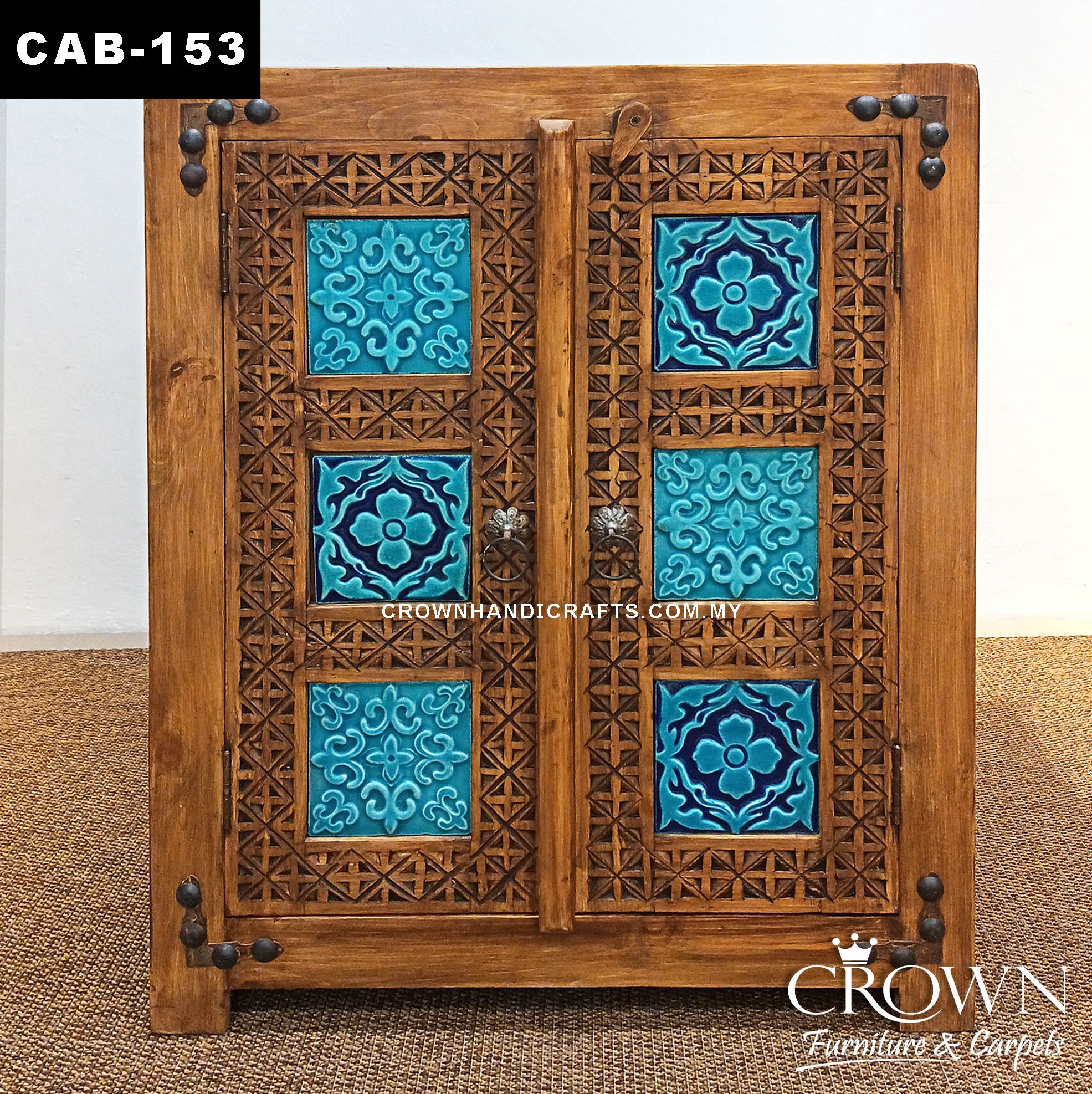 Moroccan Heritage Solid Wood Cabinet with Bold Blue Finish & Handcrafted Artisan Details | 2 Door Storage Cabinet | CAB 153 (L30.5 W15.5 H37.5 inches)