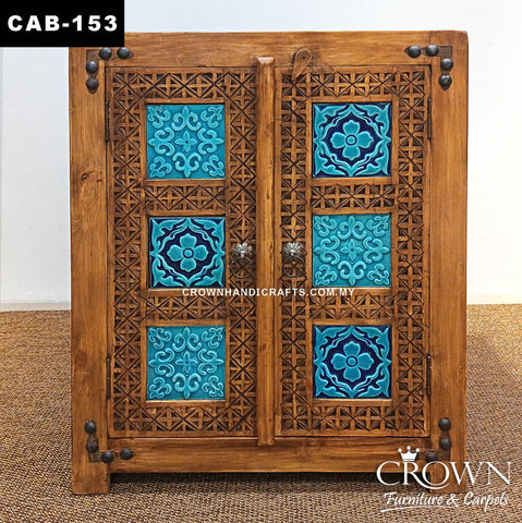 Moroccan Heritage Solid Wood Cabinet with Bold Blue Finish & Handcrafted Artisan Details | 2 Door Storage Cabinet | CAB 153 (L30.5 W15.5 H37.5 inches)
