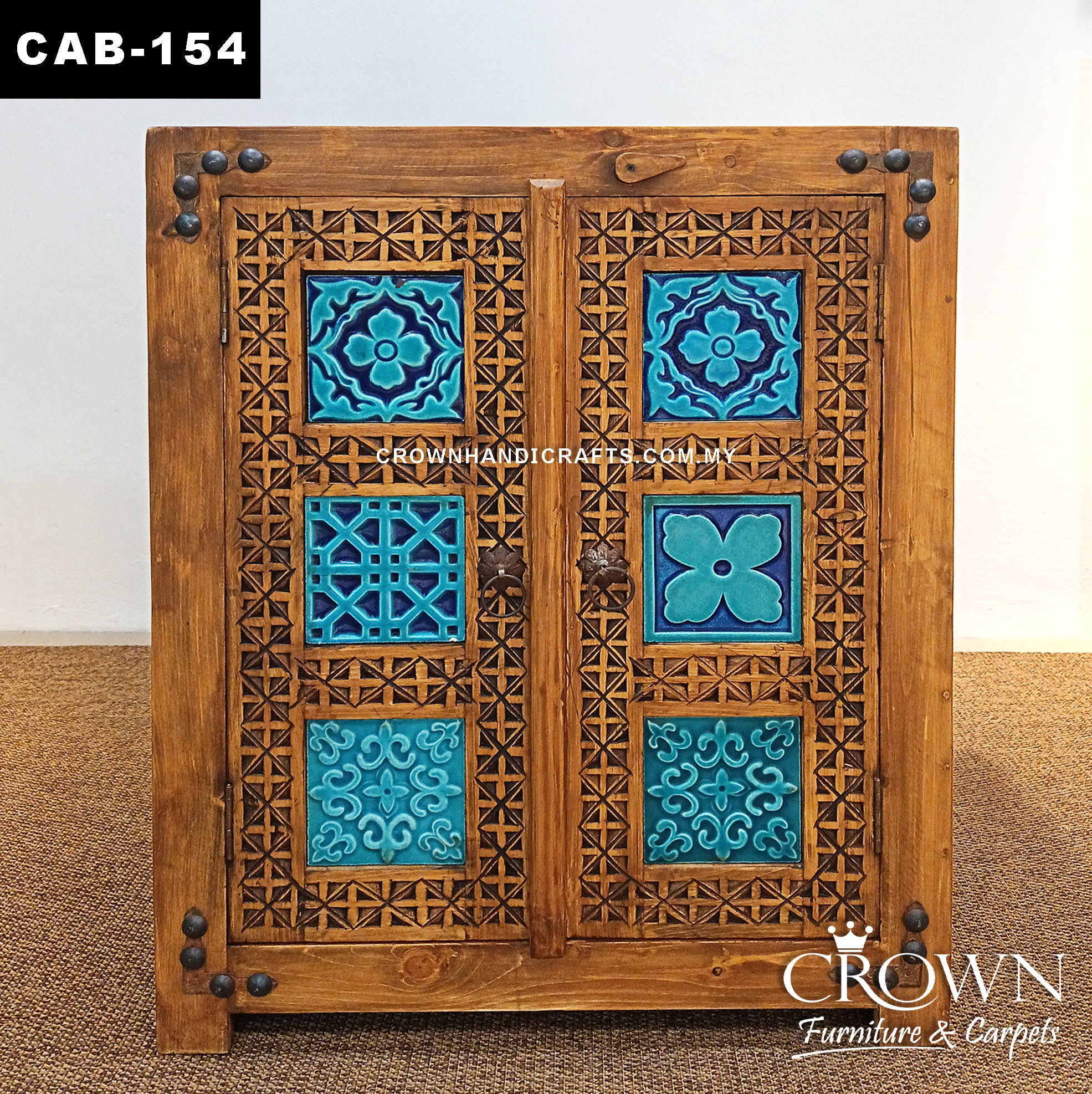 Solid Wood Moroccan Heritage Cabinet with Handcrafted Blue Finish | Artisan 2 Door Accent Storage Cabinet | CAB 154 (L30 W15.5 H37.5 inches)