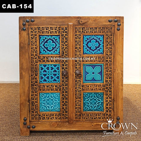 Solid Wood Moroccan Heritage Cabinet with Handcrafted Blue Finish | Artisan 2 Door Accent Storage Cabinet | CAB 154 (L30 W15.5 H37.5 inches)