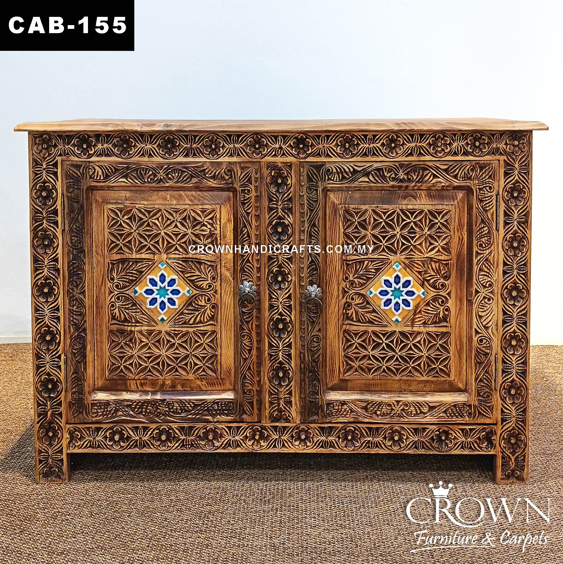Antique Indian Hand-Carved Cabinet | Solid Wood 2 Door Storage Cabinet with Bohemian Hand-Painted Finish | CAB 155 (L47.5 W16 H32 inches)