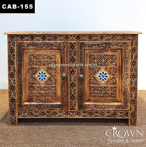 Antique Indian Hand-Carved Cabinet | Solid Wood 2 Door Storage Cabinet with Bohemian Hand-Painted Finish | CAB 155 (L47.5 W16 H32 inches)