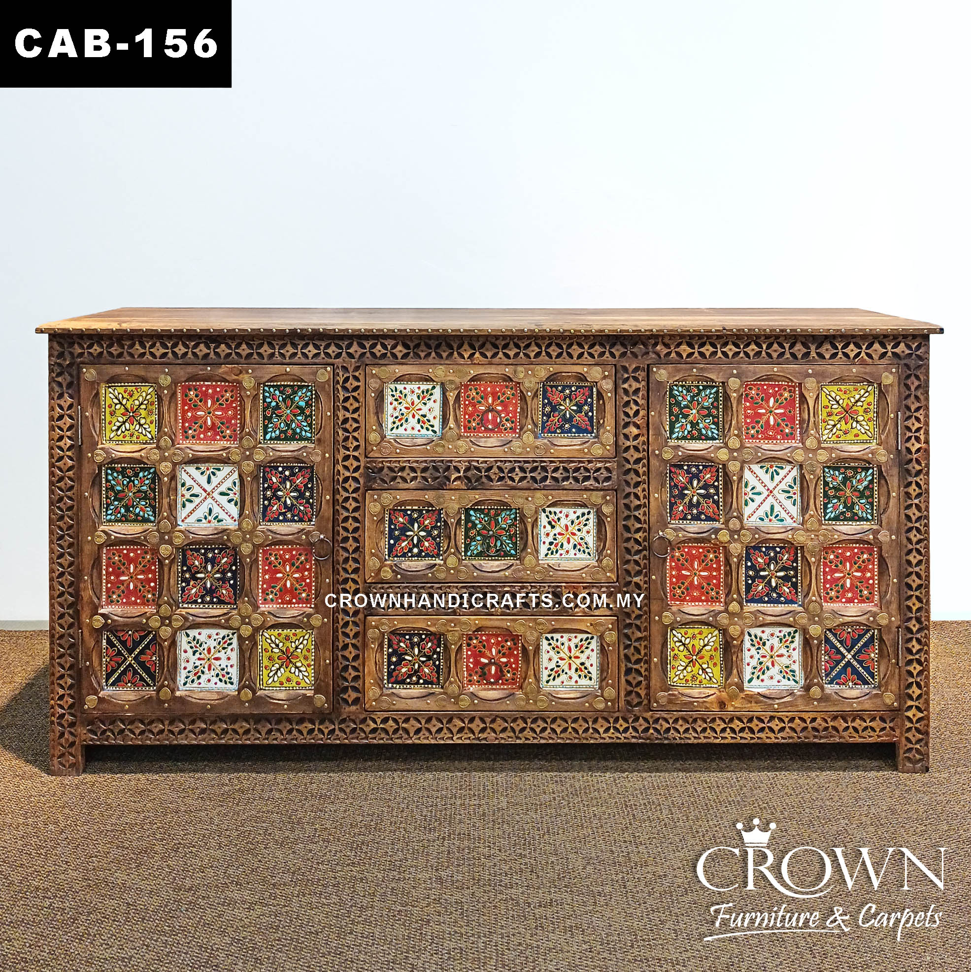 Decorative Solid Wood Sideboard Cabinet | Boho Hand-Painted Diamond Artwork with Brass Accents & Spacious Storage | CAB 156 (L72 W16.5 H36 inches)