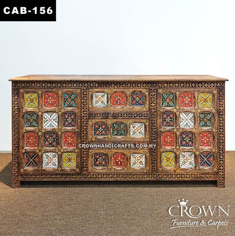 Decorative Solid Wood Sideboard Cabinet | Boho Hand-Painted Diamond Artwork with Brass Accents & Spacious Storage | CAB 156 (L72 W16.5 H36 inches)