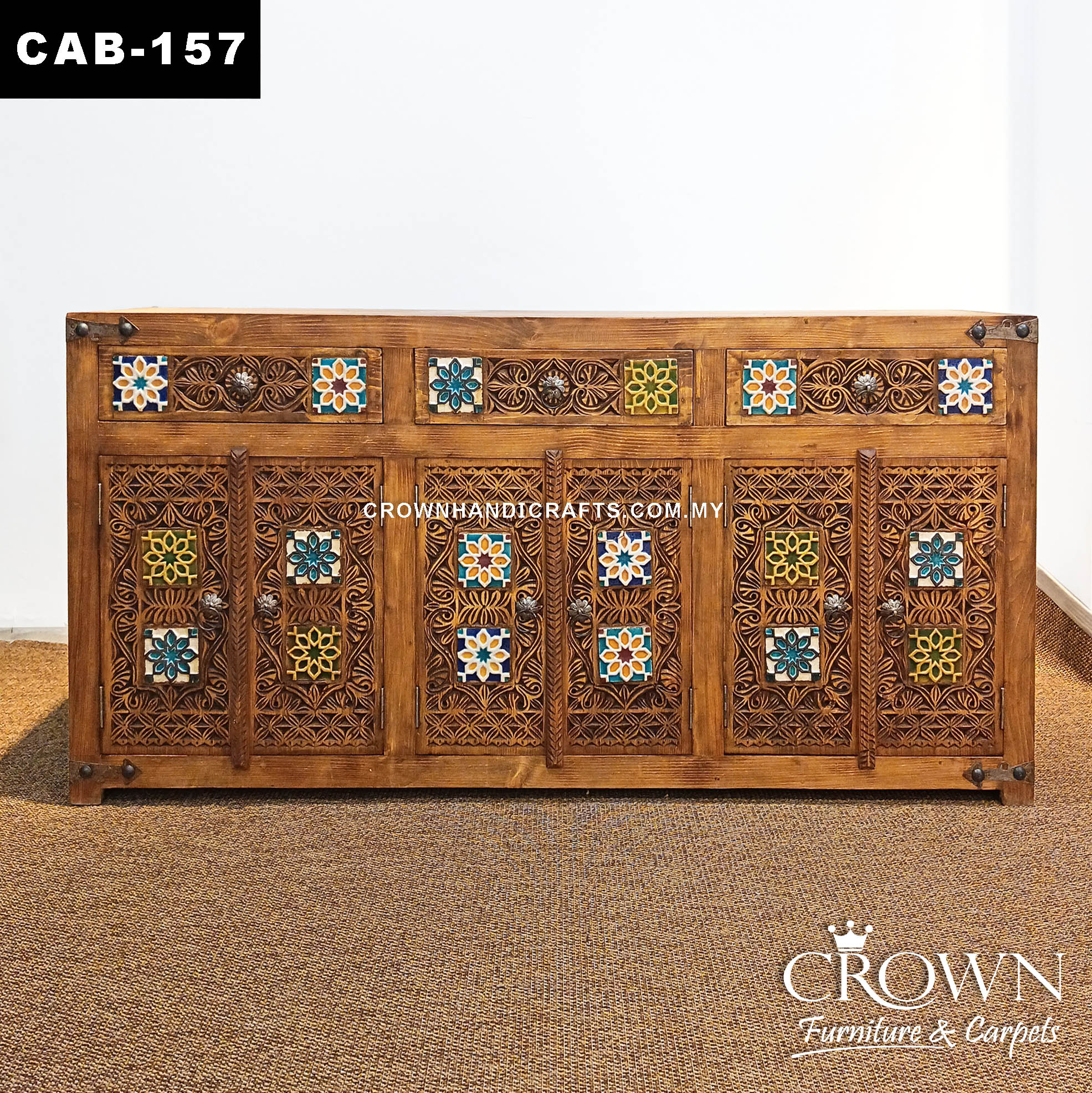 Bohemian Solid Wood Sideboard Cabinet | Hand-Painted Moroccan Pattern with 6 Doors, 3 Drawers | CAB 157 (L72 W16.5 H36 inches)