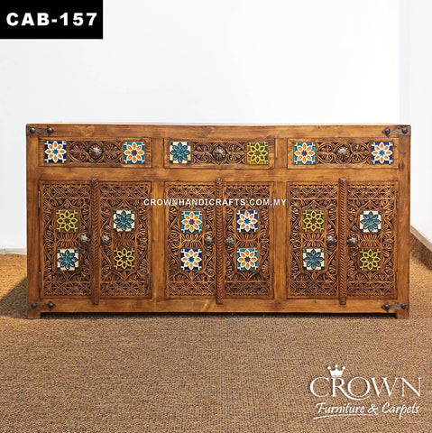 Bohemian Solid Wood Sideboard Cabinet | Hand-Painted Moroccan Pattern with 6 Doors, 3 Drawers | CAB 157 (L72 W16.5 H36 inches)