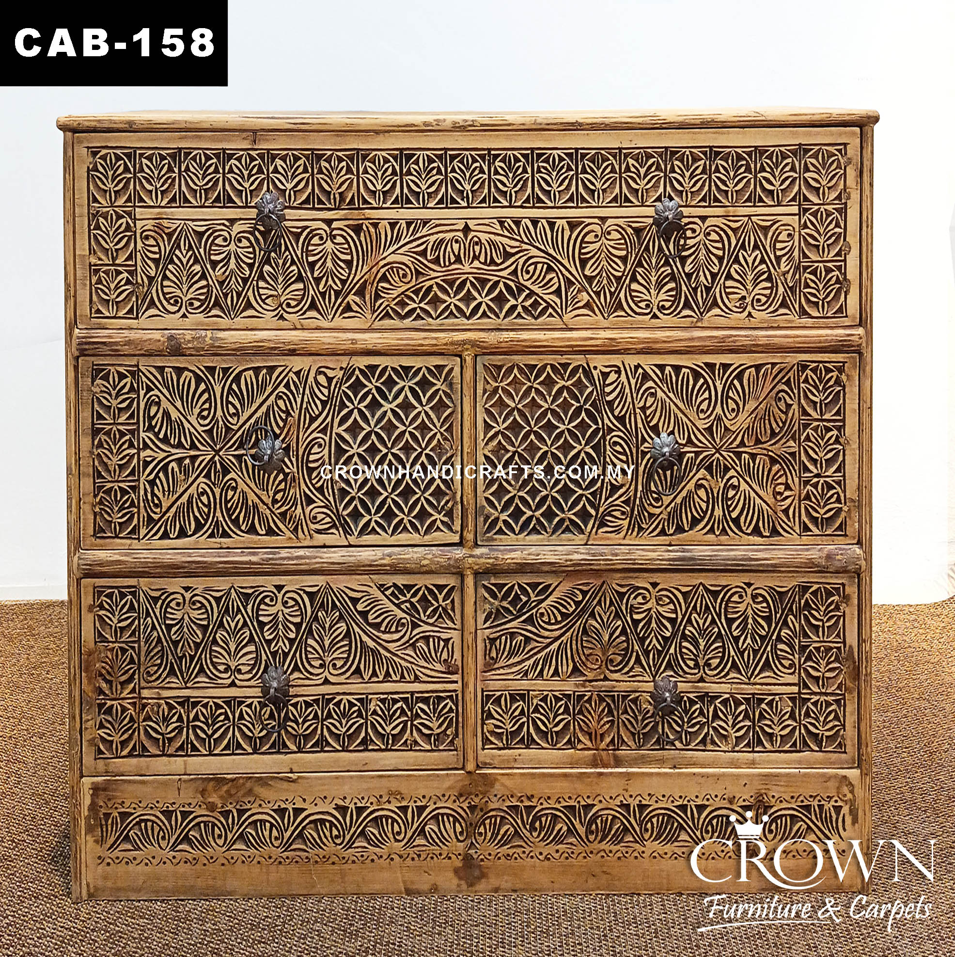 Antique Style Indian Wooden Chest Cabinet with 5 Drawers | Intricate Carved Round Orbit Design for Timeless Home Decor | CAB 158 (L47.5 W15 H35.5 inches)