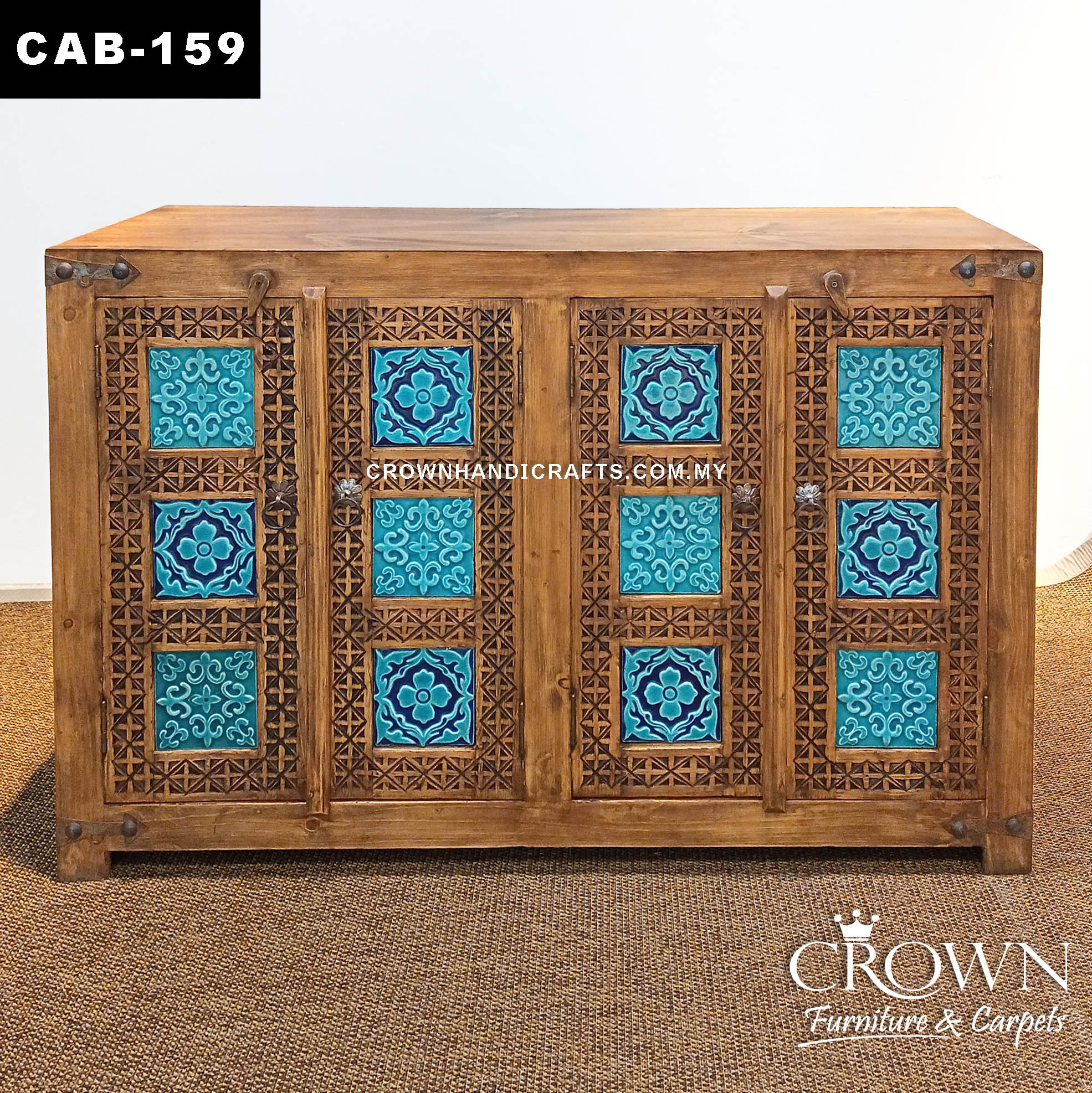 Artisan Moroccan Style Solid Wood Cabinet with Bold Blue Finish | Decorative 4 Door Accent Cabinet | CAB 159 (L57.5 W15.5 H37.5 inches)