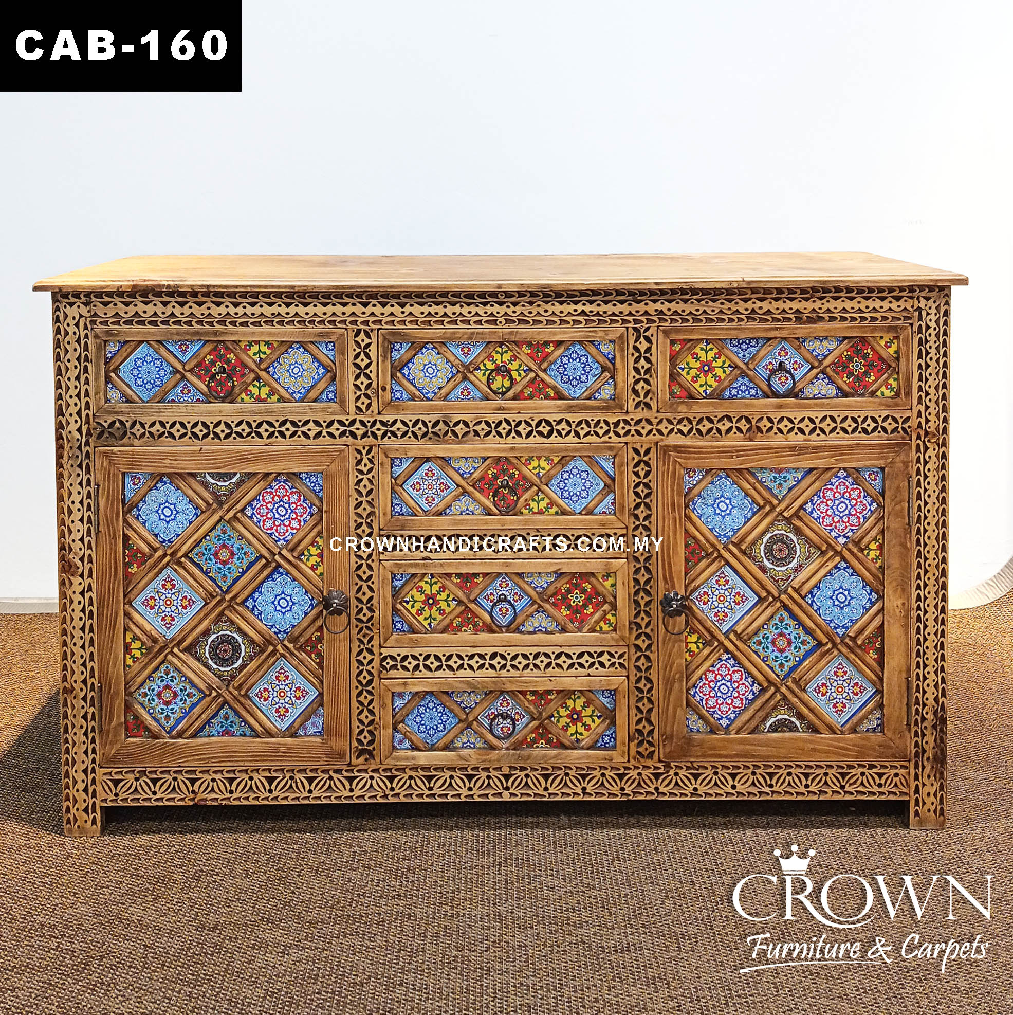 Premium Handcrafted Solid Teak Sideboard Cabinet | Unique Bohemian Buffet Furniture with Artistic Painted Finish | CAB 160 (L60 W16 H36 inches)