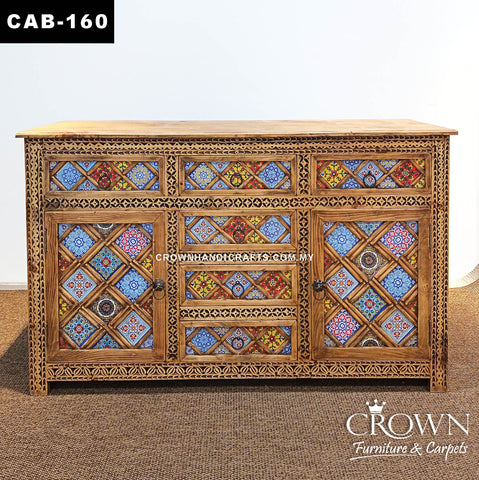 Premium Handcrafted Solid Teak Sideboard Cabinet | Unique Bohemian Buffet Furniture with Artistic Painted Finish | CAB 160 (L60 W16 H36 inches)