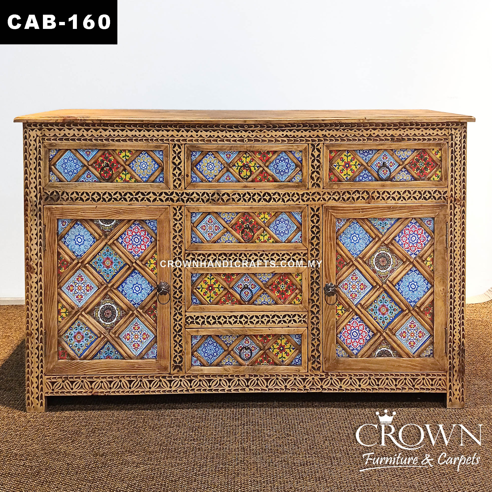Premium Handcrafted Solid Teak Sideboard Cabinet | Unique Bohemian Buffet Furniture with Artistic Painted Finish | CAB 160 (L60 W16 H36 inches)