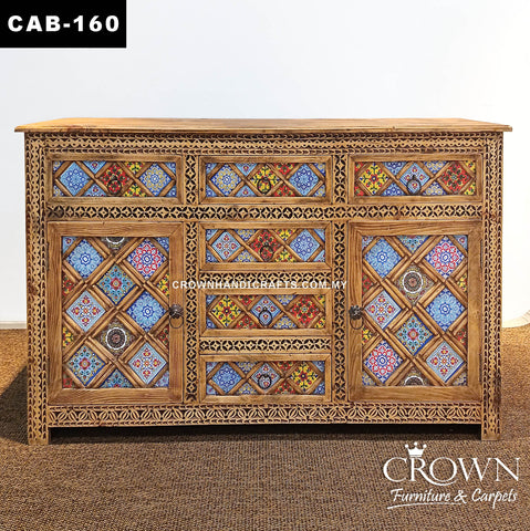 Premium Handcrafted Solid Teak Sideboard Cabinet | Unique Bohemian Buffet Furniture with Artistic Painted Finish | CAB 160 (L60 W16 H36 inches)