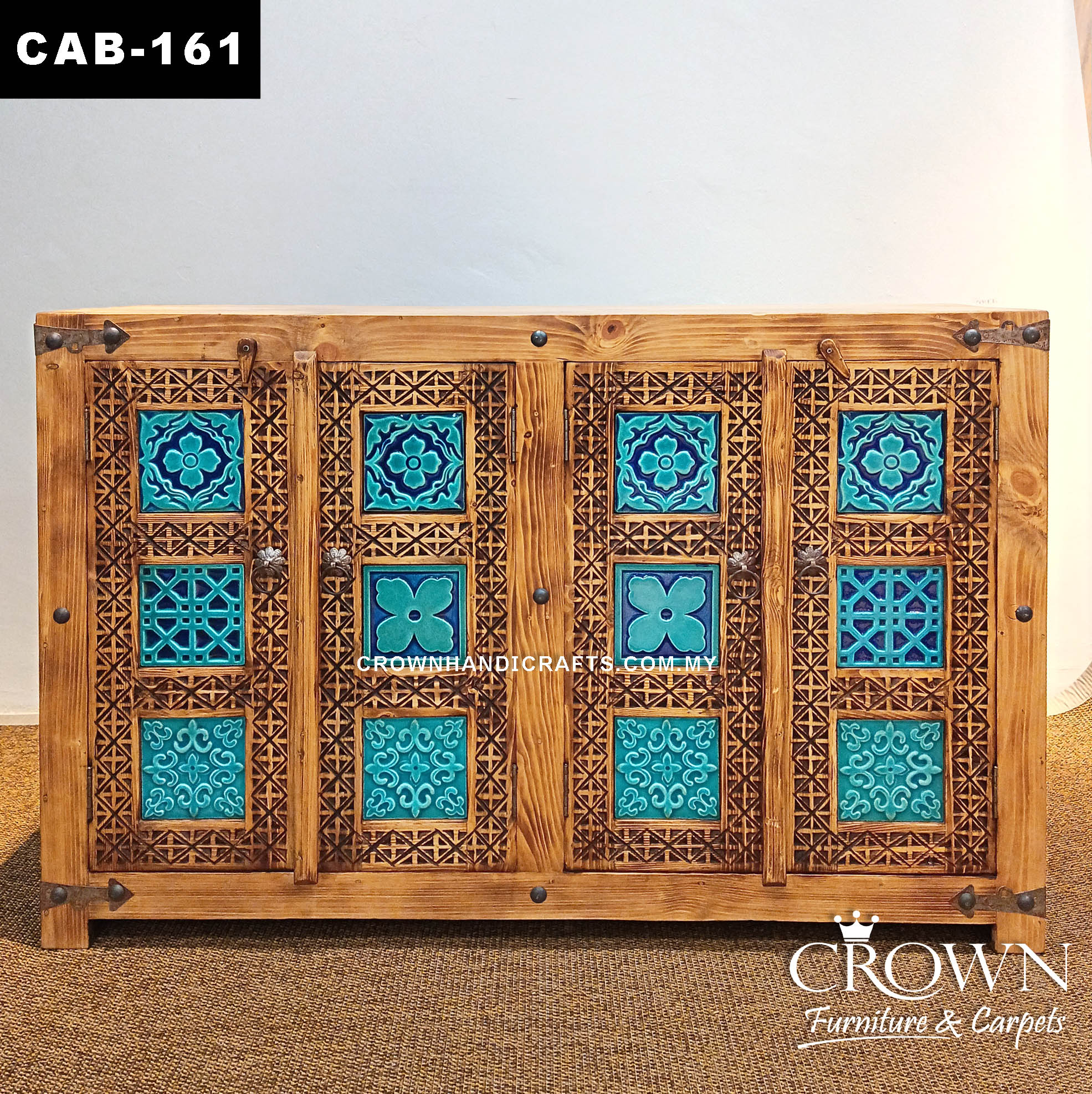 Moroccan Blue Statement Cabinet in Solid Wood | Handcrafted Heritage Storage Furniture with 4 Doors | CAB 161 (L57.5 W15.5 H37 inches)