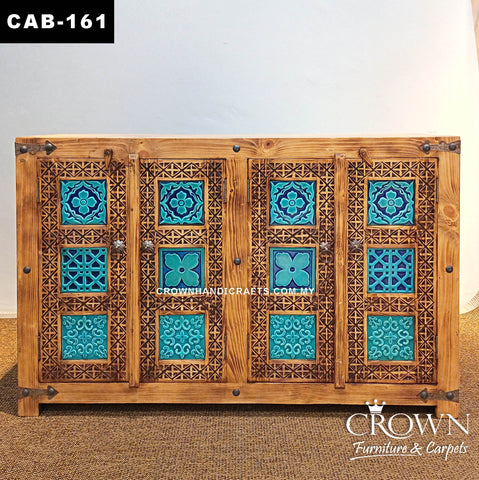 Moroccan Blue Statement Cabinet in Solid Wood | Handcrafted Heritage Storage Furniture with 4 Doors | CAB 161 (L57.5 W15.5 H37 inches)