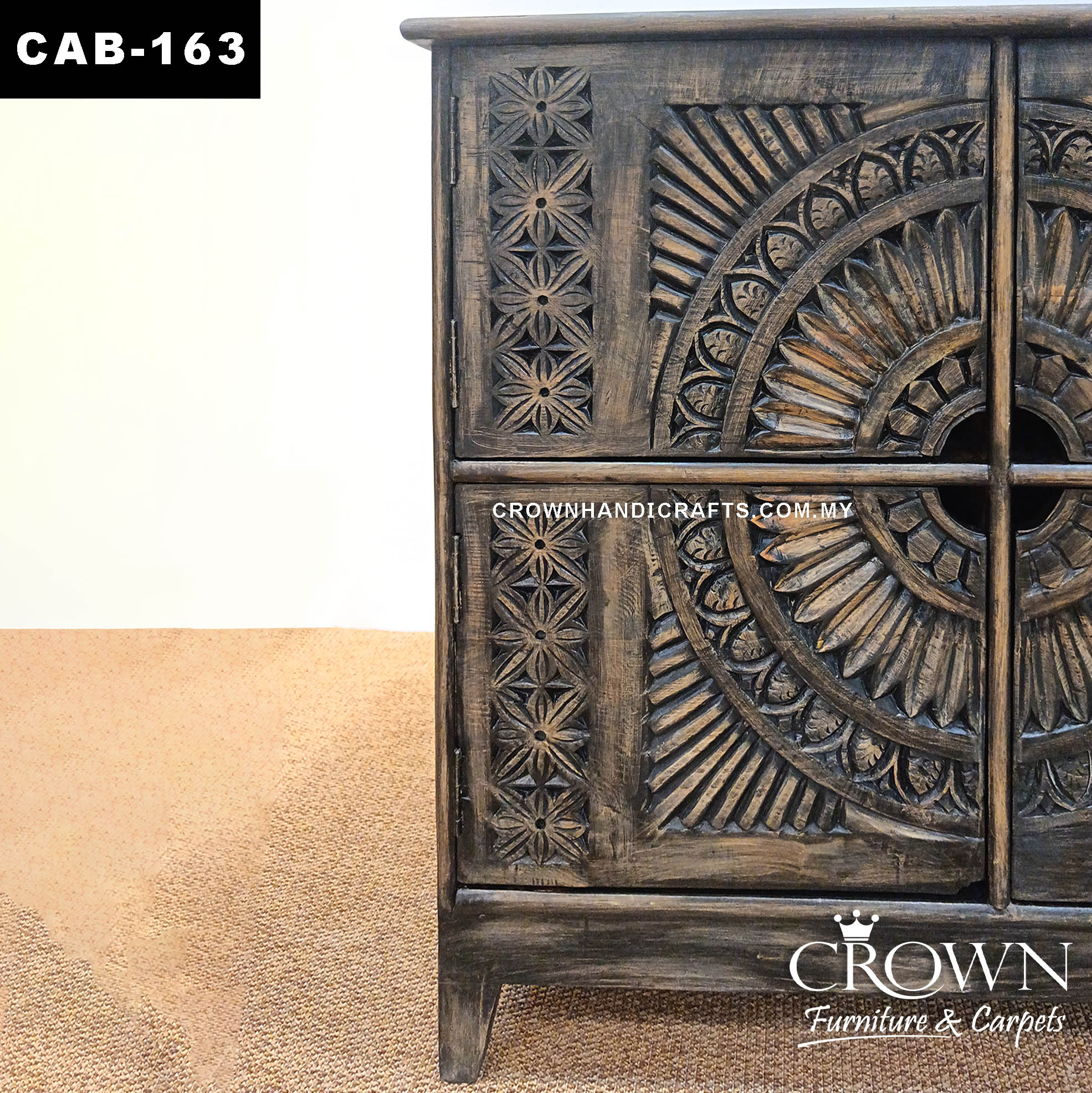 Handcrafted Solid Charred Wood Cabinet | Artistic Carved Round Medallion 4 Door Antique Fusion Furniture | CAB 163 (L42 W16 H37 inches)