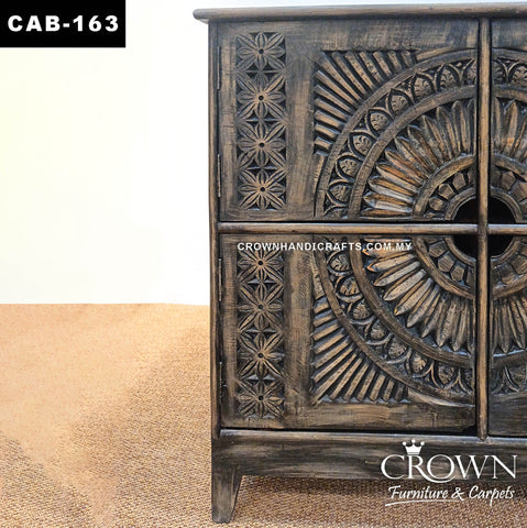 Handcrafted Solid Charred Wood Cabinet | Artistic Carved Round Medallion 4 Door Antique Fusion Furniture | CAB 163 (L42 W16 H37 inches)