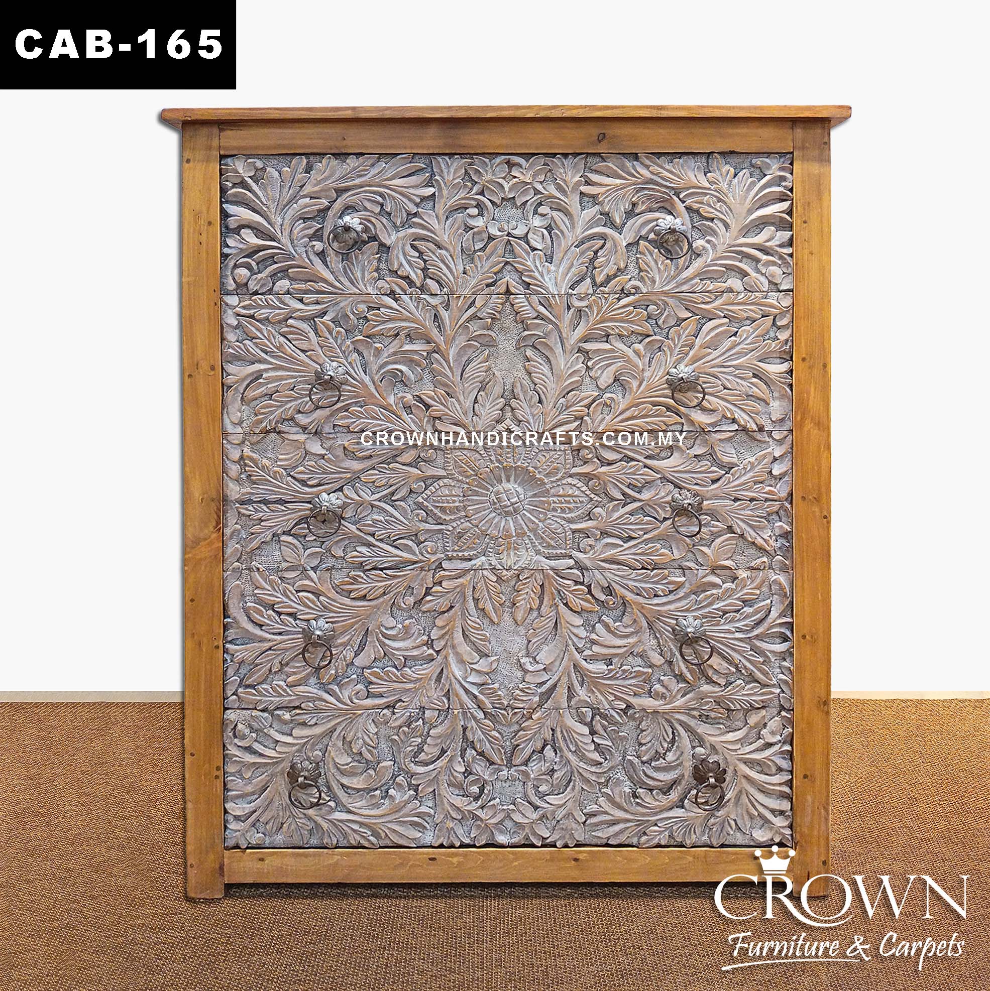 Handcrafted Whitewash Solid Wood Storage Cabinet | Classic 5-Drawer Chest with Timeless Design | CAB 165 (L36 W15.5 H48 inches)