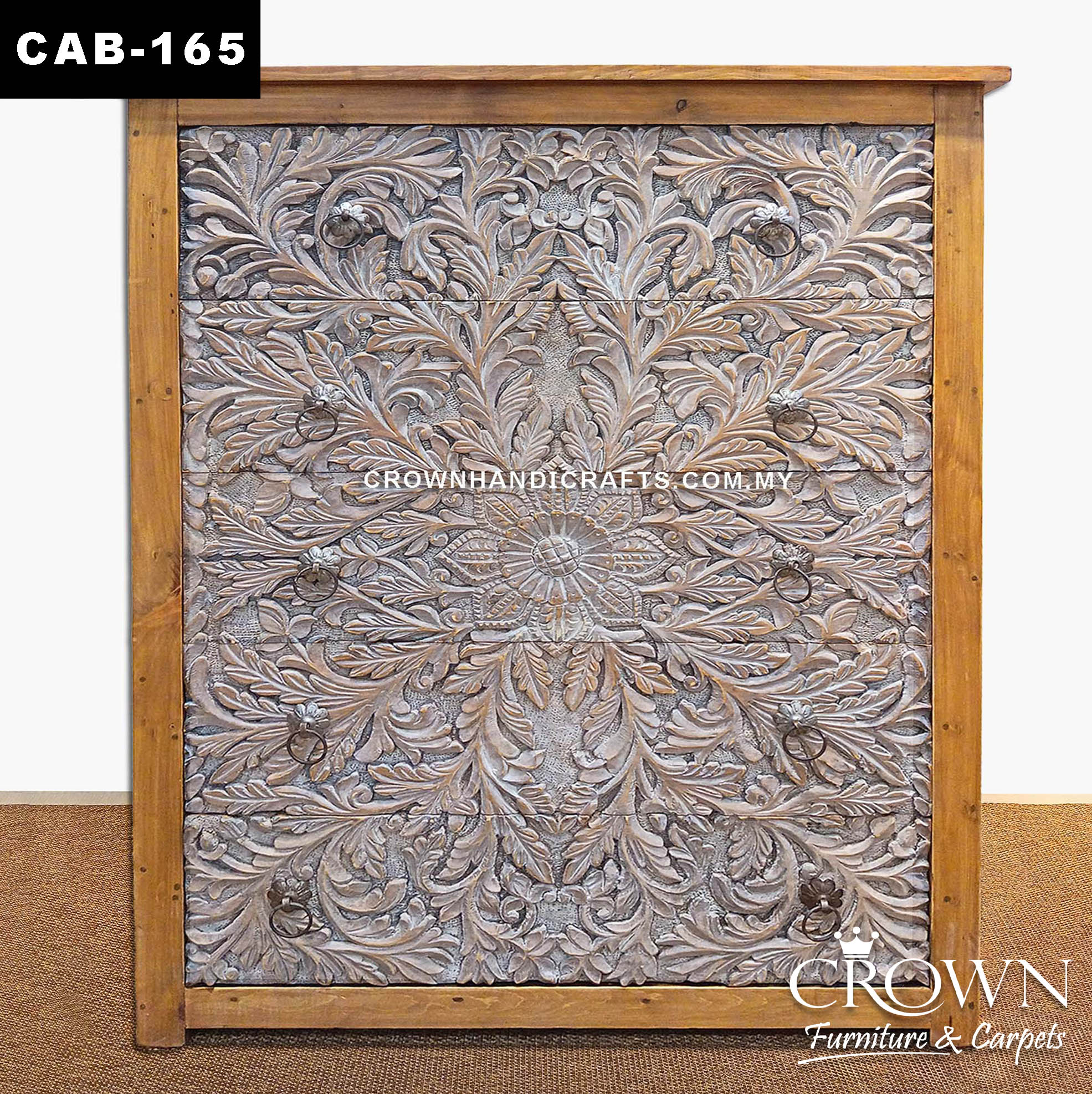 Handcrafted Whitewash Solid Wood Storage Cabinet | Classic 5-Drawer Chest with Timeless Design | CAB 165 (L36 W15.5 H48 inches)