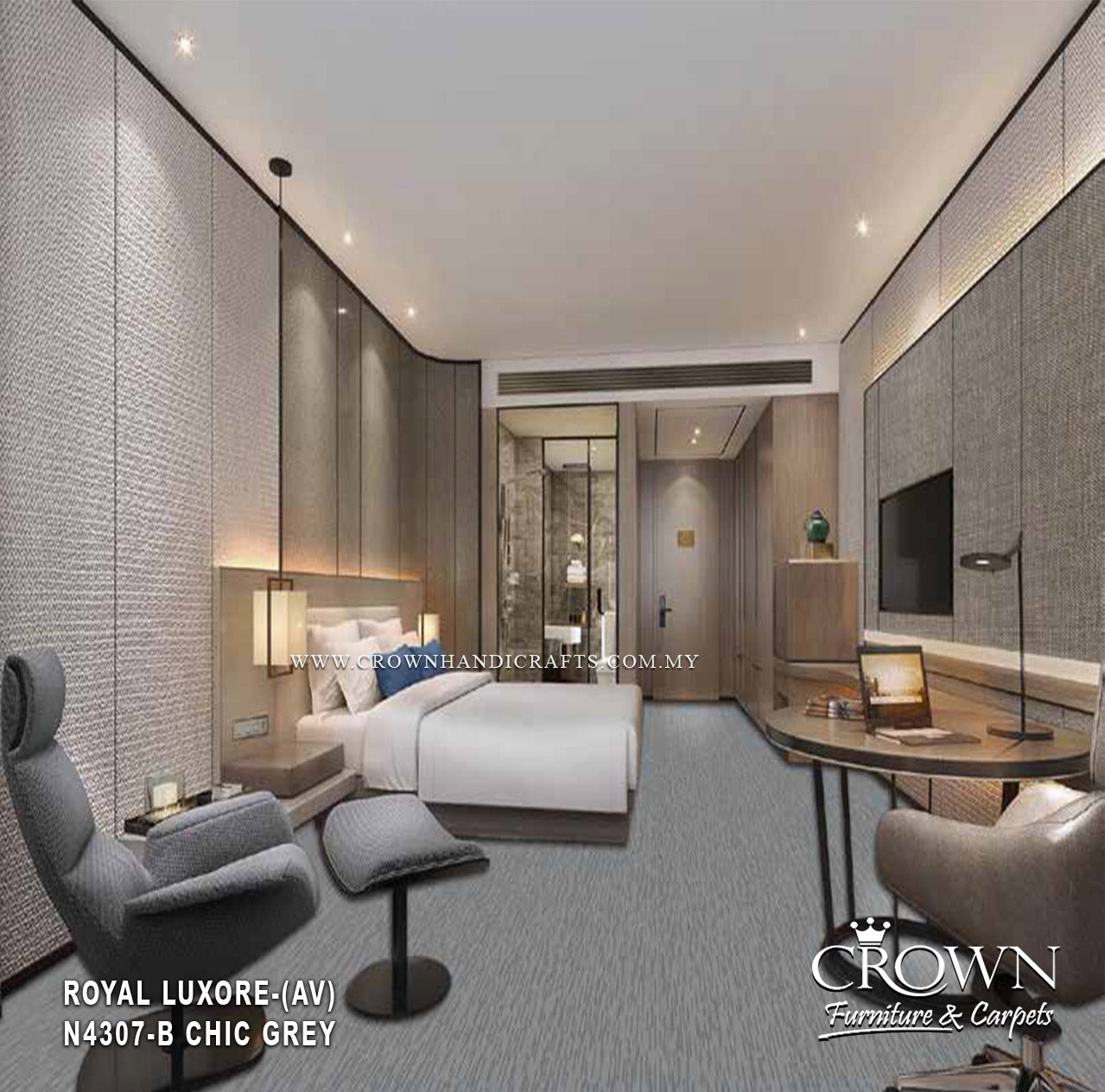 Wall-to-wall carpet in Chic Grey, dense looped texture on the floor