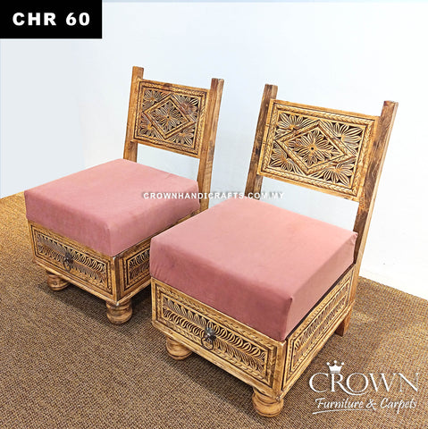 Handcrafted Royal Low Height Chairs Set | Solid Wood with Rajasthani Hand-Crafted Art & Storage Drawer | CHR 60 (L25 W18.5 H32 Inches)