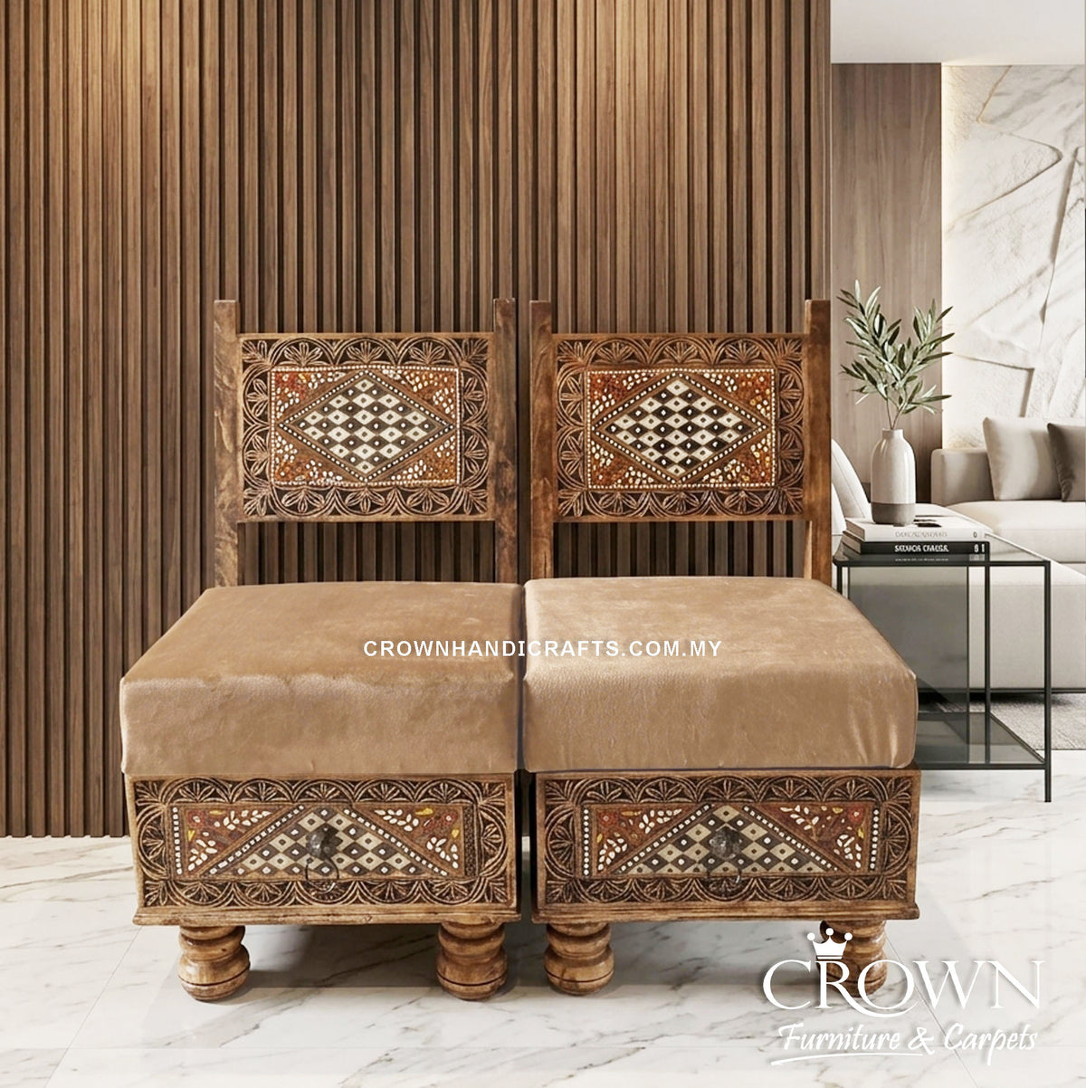 Set of two low wooden accent chairs with carved Rajasthani geometric panels and beige seats