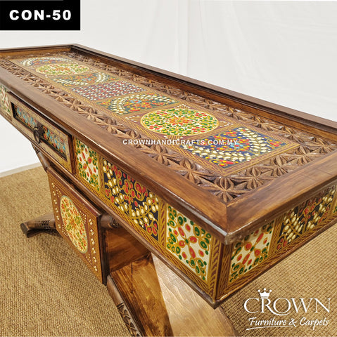 Artisan Luxury X-Design Console Table – Hand-Painted Floral Inlay Handcrafted Solid Wood With 1 Drawer | CON 50 (L47.5 W16.5 H29 Inches)
