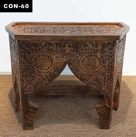 Antique Indian Palace Style Console Table | Handcrafted Wooden Accent Furniture with Detailed Carving | CON 60 (L38 W16 H32 inches)