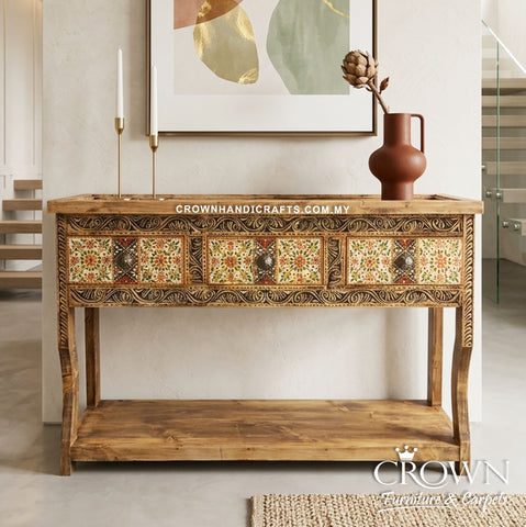 Bohemian Floral Art Console Table | Handcrafted Accent Furniture with 3 Drawers for Elegant Living Room Decor | CON 54 (L48 W15 H32 inches)