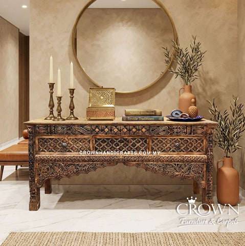 Moghul Dynasty Inspired Console Table | Hand Carved Solid Wood Entrance Furniture with Artistic Heritage Design With Two Drawers | CON 55 (L61.5 W17 H31.5 inches)