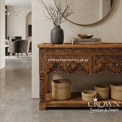 Statement Solid Wood Console Table | Moghul Dynasty Carved Design for Living Room & Entrance Hall Decor | CON 56 (L54 W14.5 H32.5 inches)