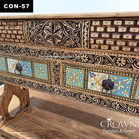 Modern Boho Console Table with Artistic Floral Tiles | Stylish 3 Drawer Storage Furniture for Beautiful Interiors | CON 57 (L48 W15.5 H36.5 inches)