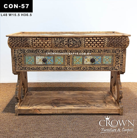 Modern Boho Console Table with Artistic Floral Tiles | Stylish 3 Drawer Storage Furniture for Beautiful Interiors | CON 57 (L48 W15.5 H36.5 inches)