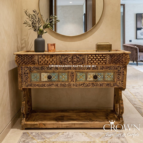 Modern Boho Console Table with Artistic Floral Tiles | Stylish 3 Drawer Storage Furniture for Beautiful Interiors | CON 57 (L48 W15.5 H36.5 inches)
