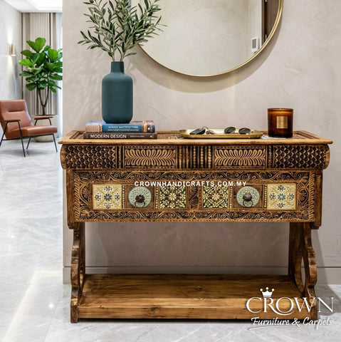 Unique Floral Art Console Table | Handcrafted Boho Accent Furniture for Living Room & Entryway Decor | CON 58 (L48 W15.5 H36.5 inches)
