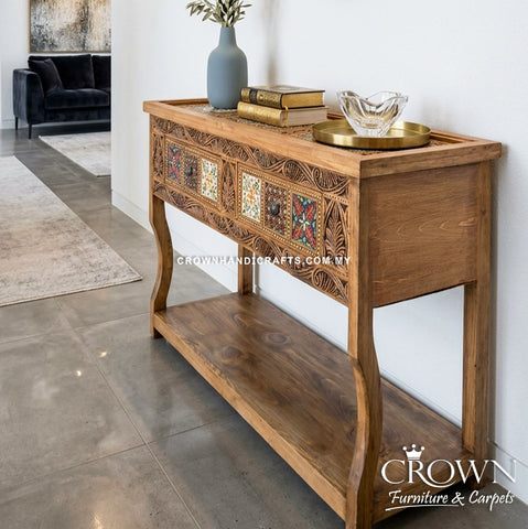 Luxury Bohemian Console Table | Elegant Floral Art Design with 2 Drawers for Contemporary Home Decor | CON 59 (L49.5 W17.5 H33.5 inches)