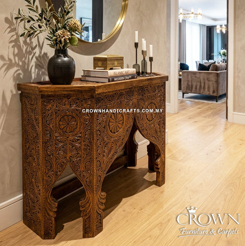 Antique Indian Palace Style Console Table | Handcrafted Wooden Accent Furniture with Detailed Carving | CON 60 (L38 W16 H32 inches)