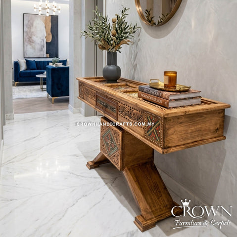 Luxury X-Frame Console Table | Hand-Painted Floral Art on Handcrafted Solid Wood with Storage Drawer | CON 62 (L48.5 W16 H29 inches)