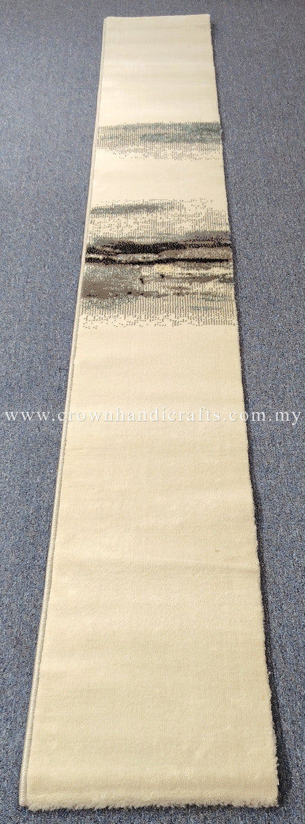 Cream runner rug with textured midline and short dark stripe pattern, narrow width
