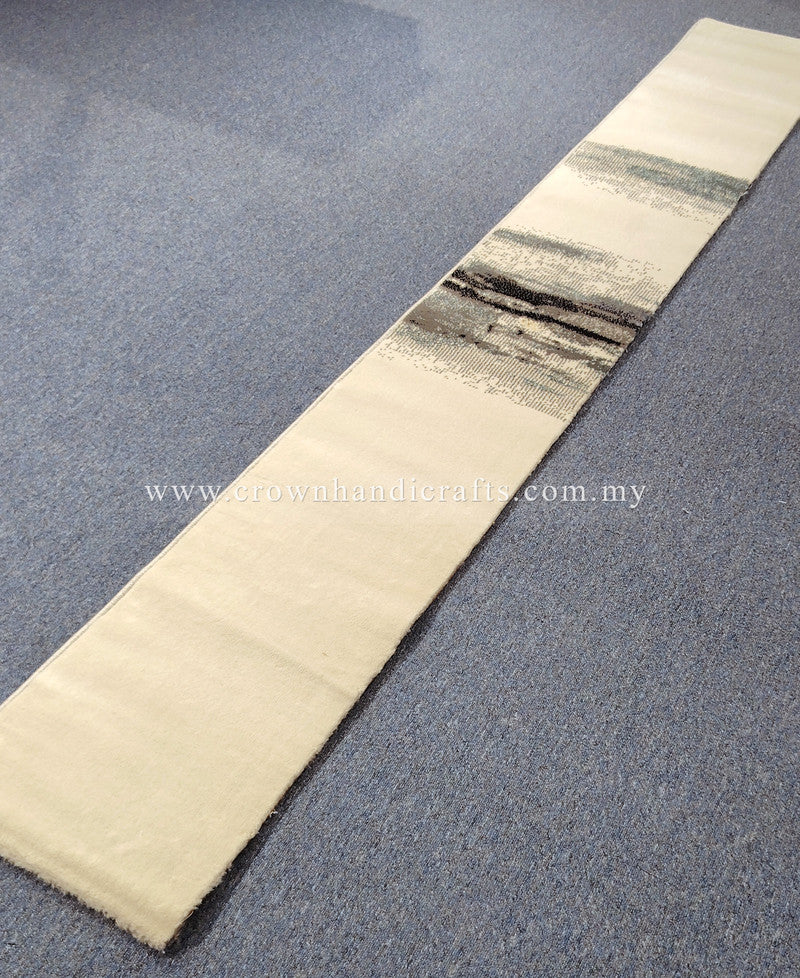 Cream runner rug with layered horizontal stripe design and flat woven surface