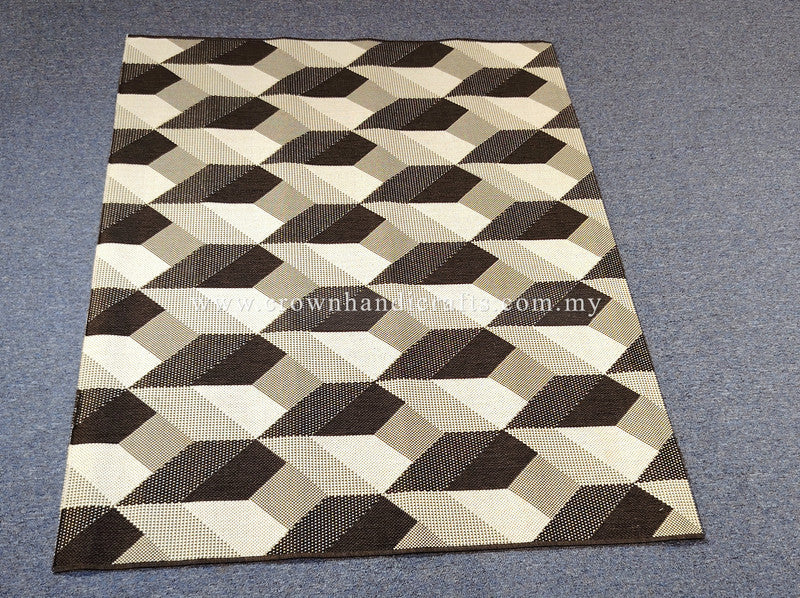 Square geometric area rug with interlocking cube pattern in black, white and beige.