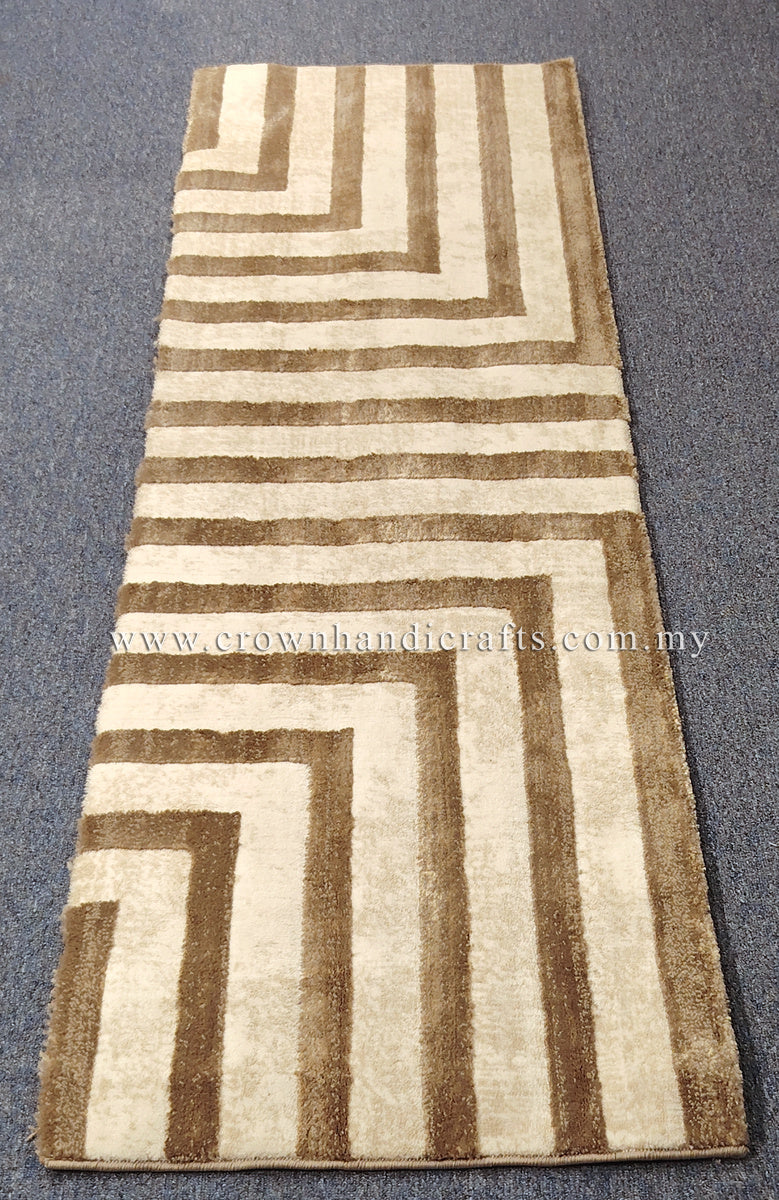 Beige and cream hallway runner rug with brown geometric blocks and stripes