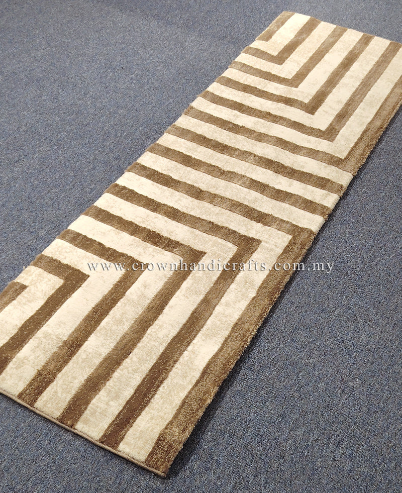 Beige patterned hallway runner rug with bold brown-and-cream geometric lines