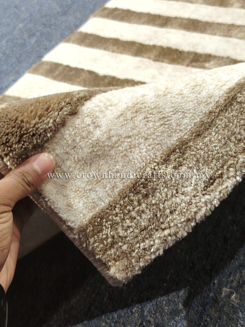 Beige hallway runner rug with soft pile and brown-and-cream geometric stripes