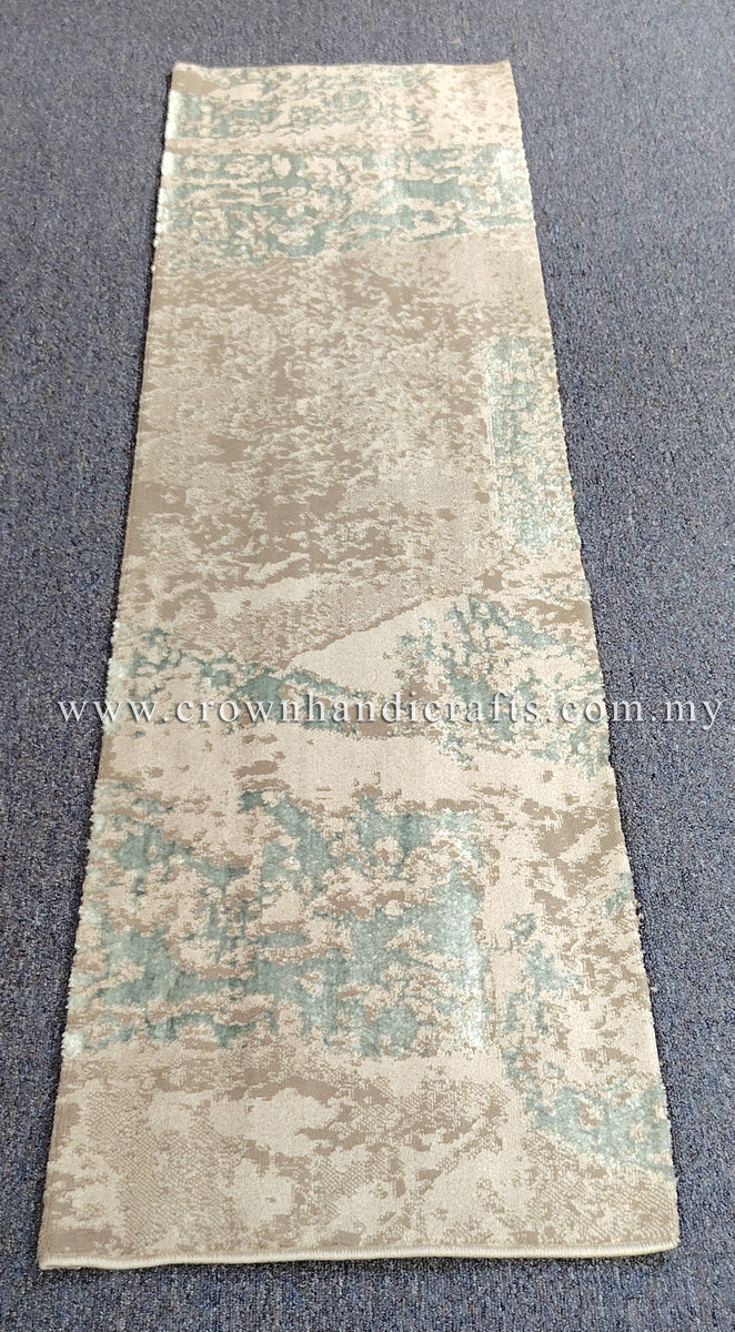 Beige runner rug with light teal distressed abstract design and narrow border