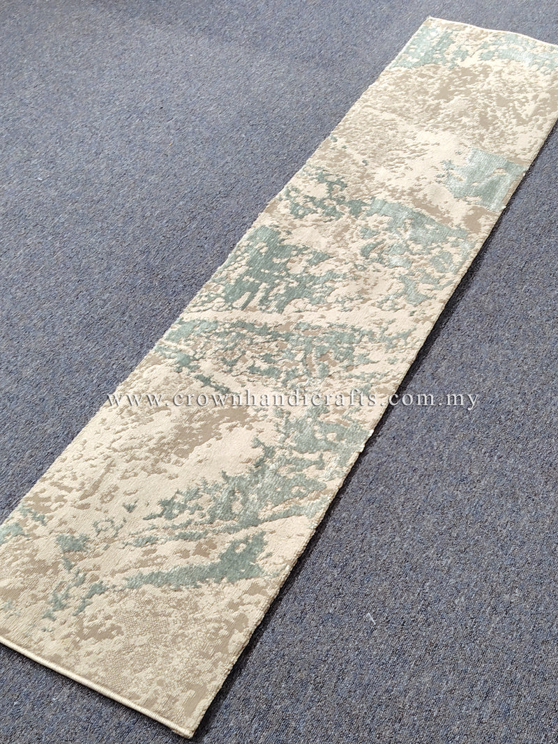 Slim runner rug, cream with light blue abstract pattern, straight woven edge