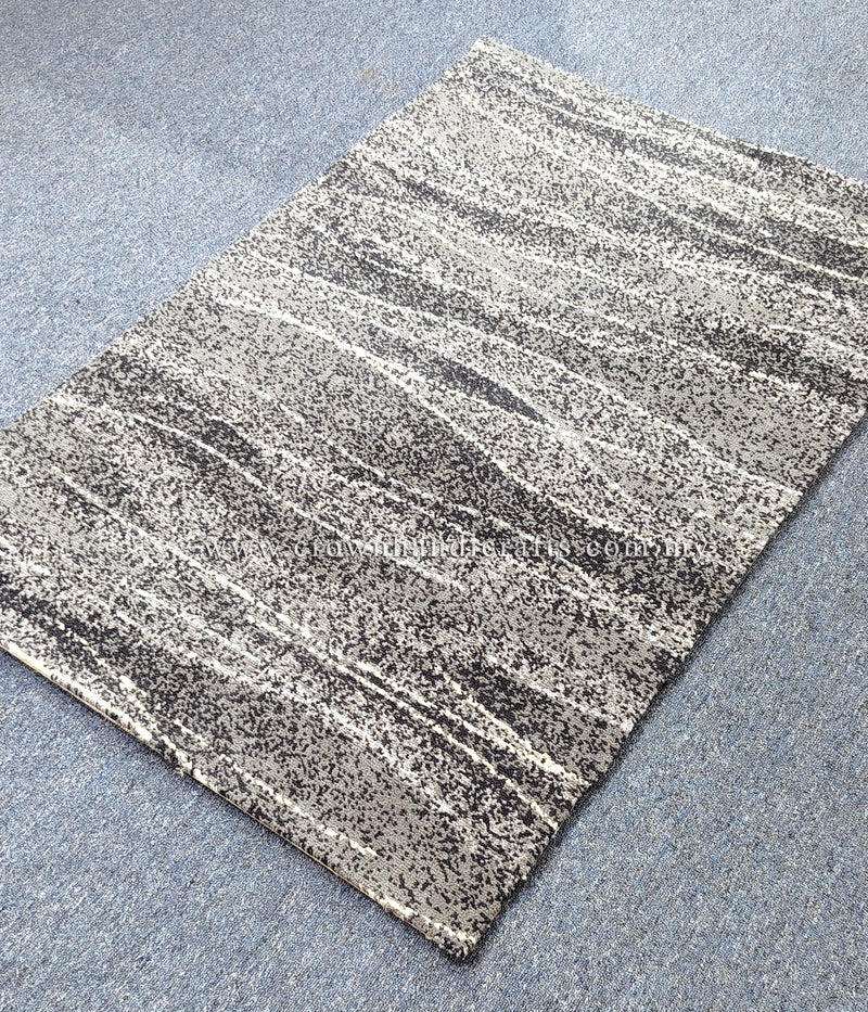 Abstract area rug, cream-and-charcoal horizontal stripes with speckled texture