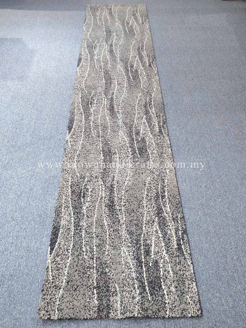 Extra-long abstract runner rug with distressed wavy stripes, gray and cream tones