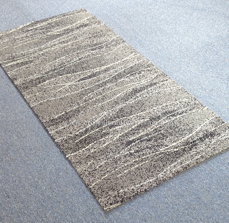 Runner rug with long abstract stripes in light gray and beige, flat lay view
